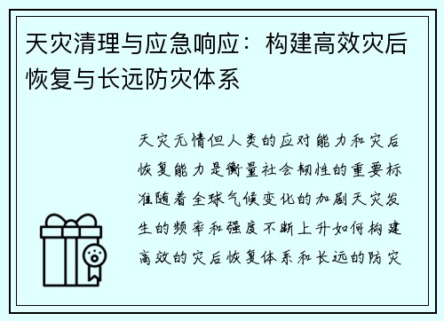 天灾清理与应急响应：构建高效灾后恢复与长远防灾体系